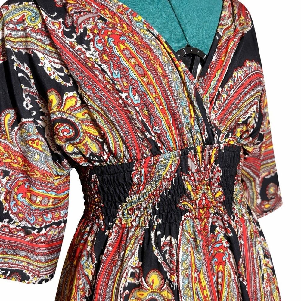 Fifth & Love Paisley Boho Maxi Dress Size M Black Red V-Neck Smocked Waist Comfy